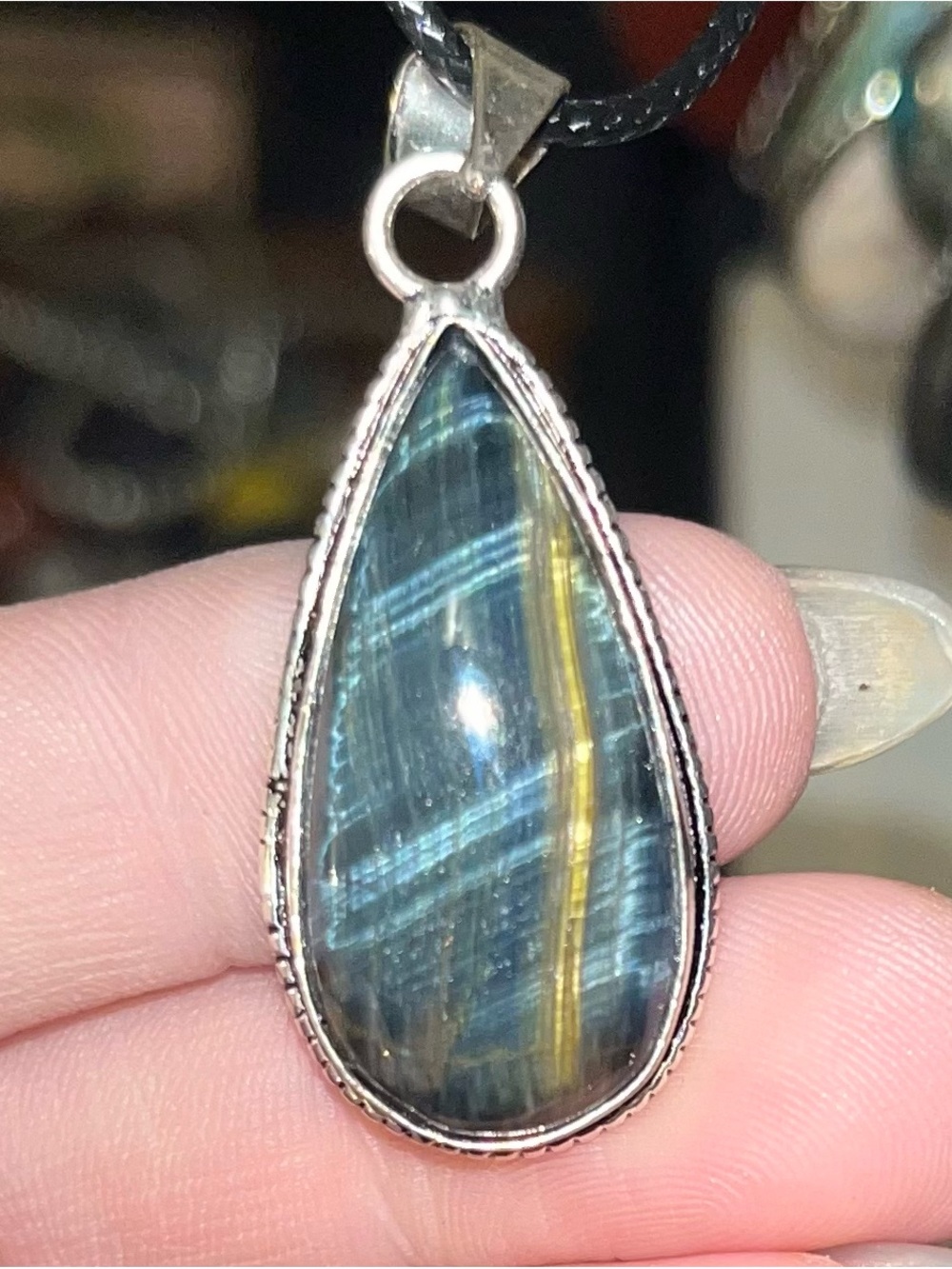 Blue and Gold Tigers Eye Teardrop Stone Pendant Necklace - Women Jewelry